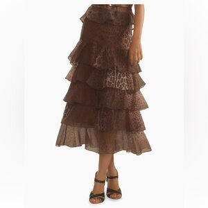 Cynthia Rowley 100% Silk Organza Ruffle Tiered Leopard Midi-Skirt 4